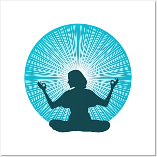 Woman in yoga pose with blue halo light Posters and Art